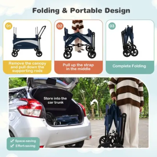 Infans 2-Seat Stroller Wagon Folding Baby Stroller w/ Adjustable Canopy & Handles Navy image {6}