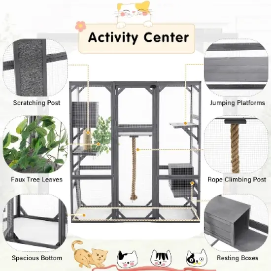 KTMBDW Outdoor Cat House, Cat Catio with Double Enter Doors, 62.8"L x 32.2"W x68.5"H Balcony Cat Playpen with Platforms and 2 Condos, Dark Gray image {3}