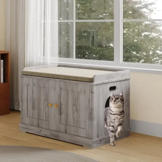 Cat Litter Box Enclosure, Wooden Cat Washroom Furniture with Barn Door, Hidden Litter Box Cover image {7}