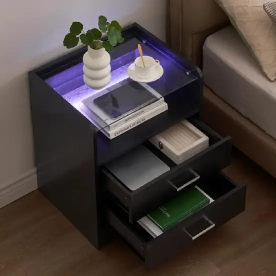 Nightstand with LED Lights and 2 Storage Drawers image {3}