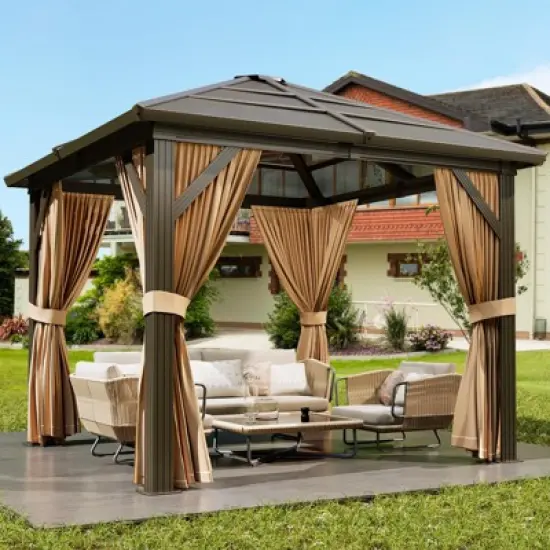Hardtop Gazebo, Outdoor Polycarbonate Roof Canopy, Heavy Duty Hardtop Pavilion with Netting and Curtains image {7}