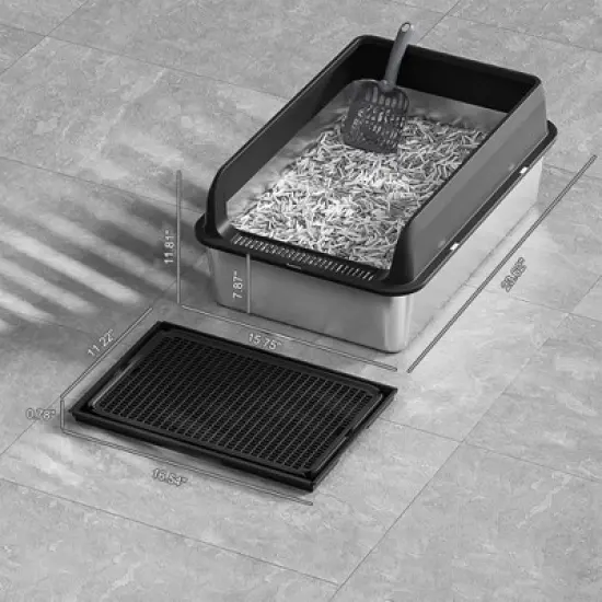 XL Stainless Steel Litter Box with Lid, Litter Box for Big Cats with Sifter Scoop and Double Layer Litter Mat, 8" Deep Metal Cat Litter Box image {1}