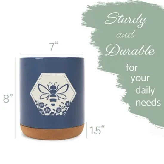 Elanze Designs Bee Honeycomb Flowers Arrangement Ceramic Cork Bottom Navy Blue Large Capacity Utensil Holder Crock for Countertop Storage, Stylish & image {1}