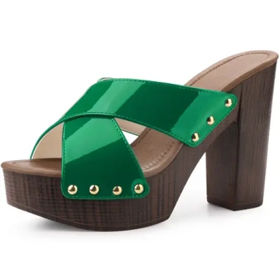 Perphy Women's Patent Platform Crisscross Strap Chunky Heels Sandals image {8}