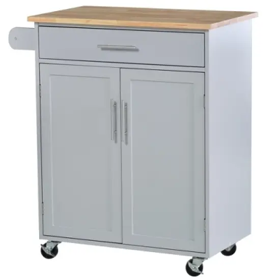 HOMCOM Kitchen Island Cart Rolling Trolley Cart with Drawer, Storage Cabinet & Towel Rack, Gray image {3}