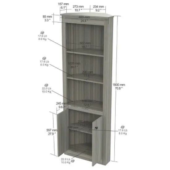 70.02" Corner Bookshelf Gray - Inval image {4}