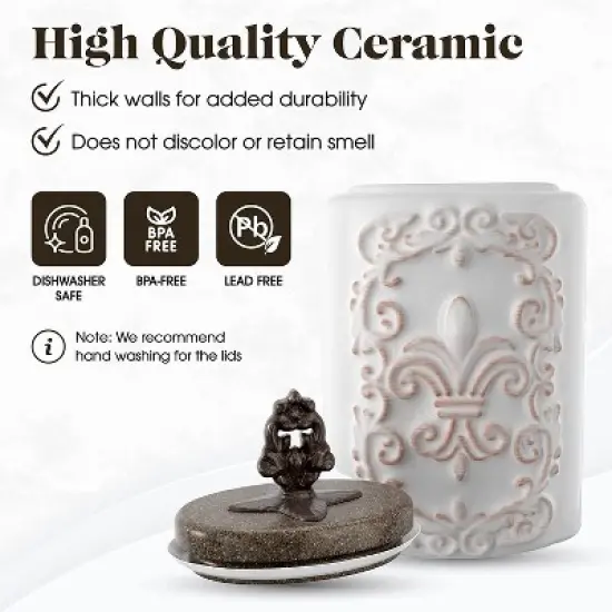 American Atelier Food Storage Ceramic Canister Jar, Fleur De Lis Embossed Design & Airtight Stainless-Steel Lid For Sugar, Flour & More, White image {5}
