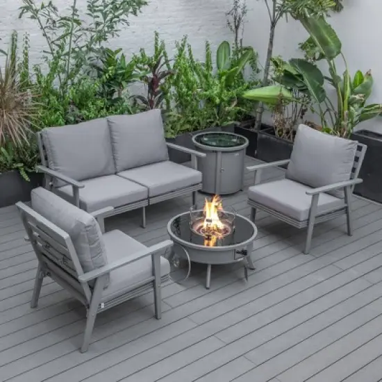LeisureMod Walbrooke 4-Piece Outdoor Patio Conversation Set &ndash; Grey Trim Fire Pit Table with Cushioned Ottoman for Patio, Deck, Balcony & Backyard image {18}