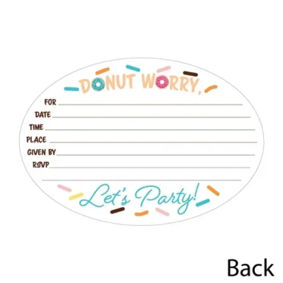 Big Dot of Happiness Donut Worry, Let's Party - Shaped Fill-in Invitations - Doughnut Party Invitation Cards with Envelopes - Set of 12 image {2}