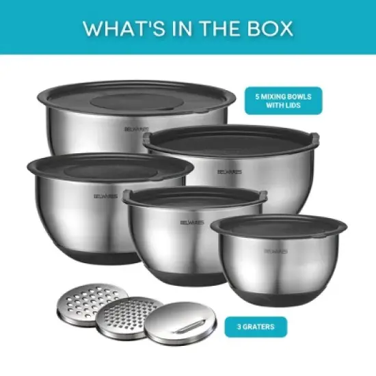 Mixing Bowls with Lids Set - Nesting Bowls with Airtight Lids + Graters - Stainless Steel Non-Slip Mixing Bowl for Baking image {5}