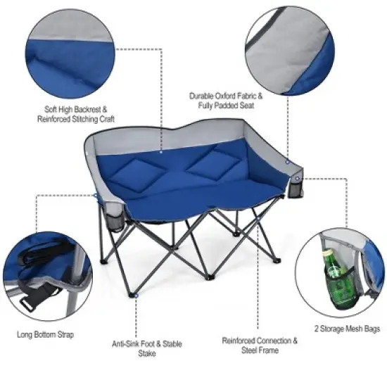 Costway Folding Camping Chair Loveseat Double Seat w/ Bags & Padded Backrest Gray\Blue image {6}