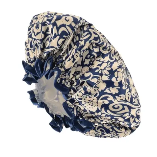 Unique Bargains Women Double Layer Flowers Shower Cap Navy Blue 1 Pc image {3}