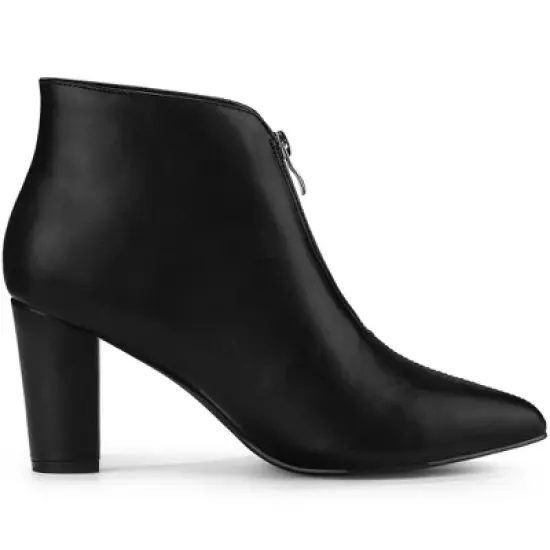 Allegra K Women's Pointed Toe Front Zip Chunky Heel Ankle Boots image {6}