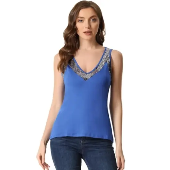 Allegra K Women's V Neck Sleeveless Shirt Sequin Trim Colorblock Tank Shirt Top image {6}