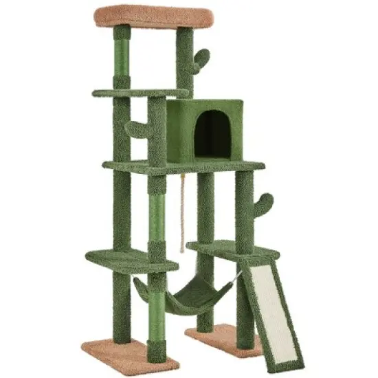 Yaheetech 63" H Multi-Level Cactus Cat Tree, Green/Brown image {7}