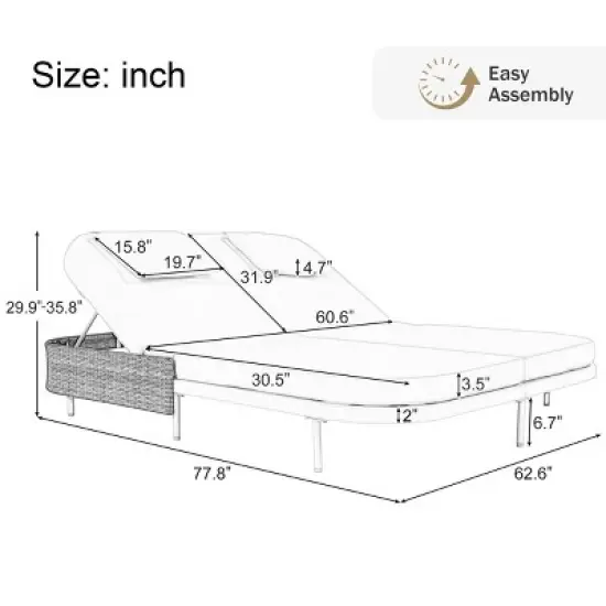 5-Position Adjustable Outdoor Daybed with Cushions and Pillows, PE Rattan Loveseat with Iron Frame for Patio or Poolside - Coolbibila image {3}