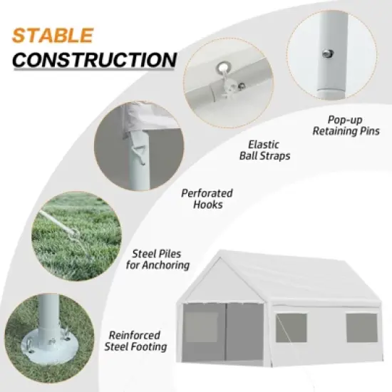 Aoodor Vehicle Carport Canopy, Heavy Duty Iron Frame Portable Garage with Removable Sidewalls and Roll-up Windows and Doors, Party Tent Boat Shelter image {8}