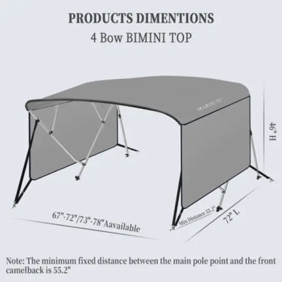 ODK 4 Bow Bimini Tops for Boat Cover with 1&rdquo; Aluminum Alloy Frame, Include 2 Straps, 2 Adjustable Rear Support Pole, Zippered Storage Boot, Gray image {6}