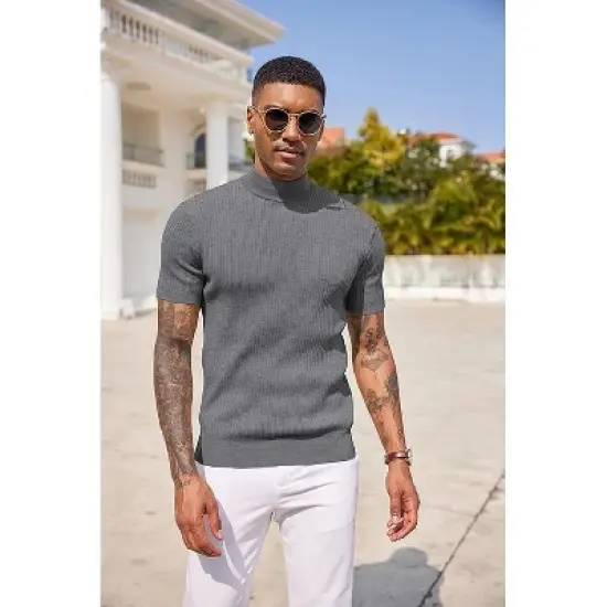 COOFANDY Men's Mock Turtleneck Sweater Short Sleeve Casual Basic Tops Ribbed Knit Pullover Solid Tee image {6}