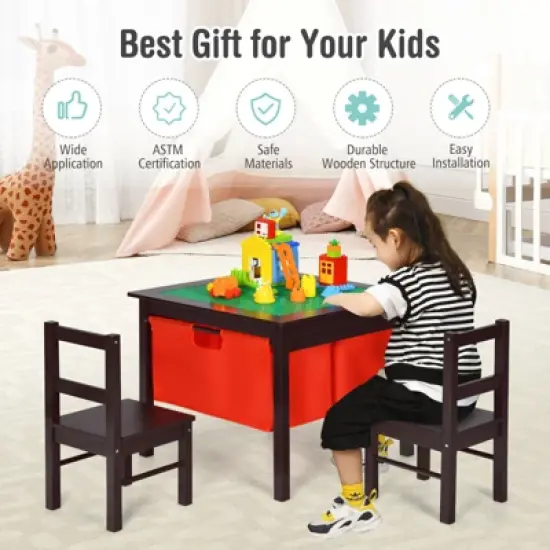 Costway 2-in-1 Kids Double-sided Activity Building Block Table W/ Drawers Brown image {4}