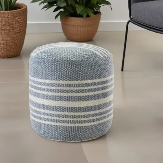 HomeRoots 20" Blue Polyester Round Striped Indoor Outdoor Pouf Ottoman image {1}