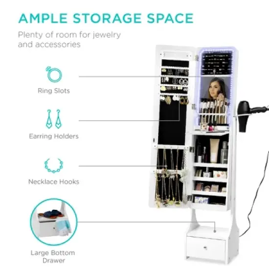 Best Choice Products Full Length LED Mirrored Jewelry Storage Organizer Cabinet w/ Interior & Exterior Lights image {3}