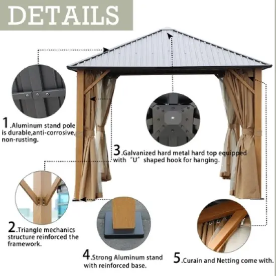 Aoodor Wood Grain Aluminum Gazebo Hardtop Black Steel Roof with Curtain&Netting image {2}