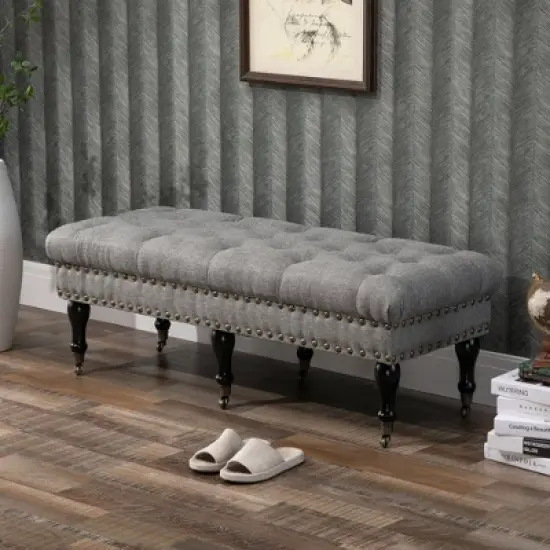HOMCOM Mobile Upholstered Bench Rolling Button-Tufted Fabric Accent Ottoman with Nailhead Trim & Wheels image {2}