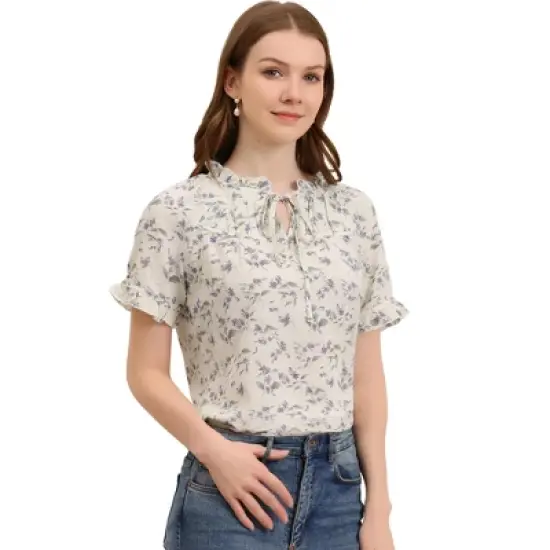 Allegra K Women's Floral Tie Neck Ruffle Short Sleeves Peasant Blouse Top image {1}