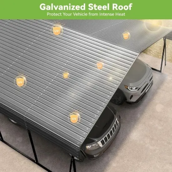 Real Relax Heavy Duty Metal Carport, Outdoor Garage Car Shelter Shade with Heavier Metal Frame, Galvanized Metal Roof for Car and Boats, Grey image {2}