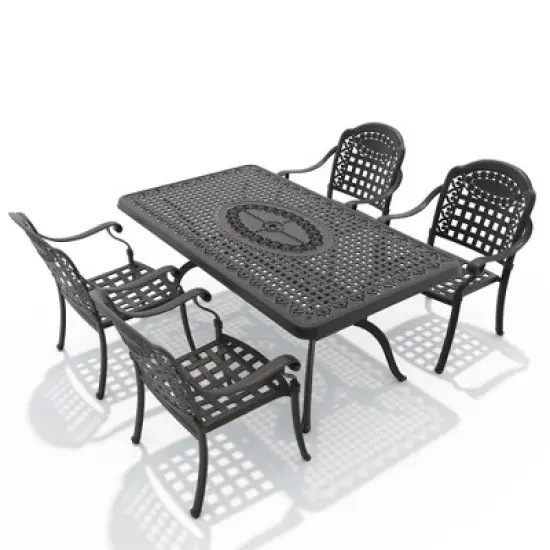 5-Piece Cast Aluminum Outdoor Dining Set with Blue Cushions, Rectangle Table & Stackable Chairs - for Patio, Backyard image {2}