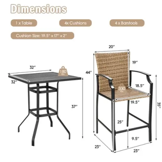 Costway 5PCS Outdoor Bistro Set Rattan Bar Stool Table Set with Cushions Steel Frame image {3}
