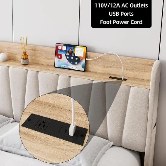 Full/Queen Size Upholstered Bed Frame with Storage Headboard, Drawer, Charging Station, Linen Platform, No Box Spring Needed image {4}