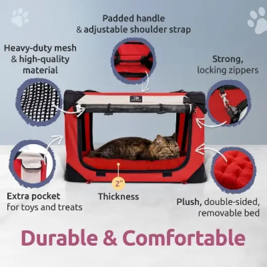 PetLuv Cat & Dog Carrier Foldable Pet Travel Crate, Removable Plush Pillow, Privacy Windows, Locking Zippers, Pocket, Seatbelt Straps image {4}