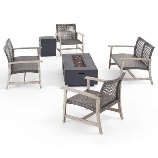 Christopher Knight Home Augusta Outdoor Acacia Wood and Wicker 6 Seater Chat Set with Fire Pit image {12}