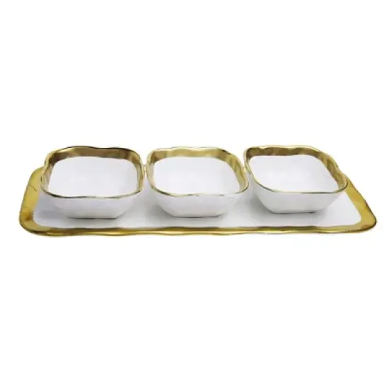 Classic Touch White Porcelain Relish Dish with 3 Square Bowls with Gold Trim image {5}