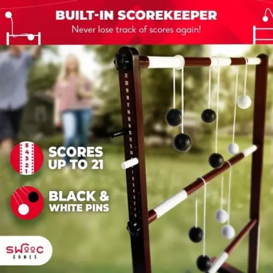 SWOOC Games - Premium Wooden Ladder Ball Game Set (Weather Resistant) - 10 Games Included & Carrying Case - Easy, No Tool Assembly - Ladder Toss image {4}