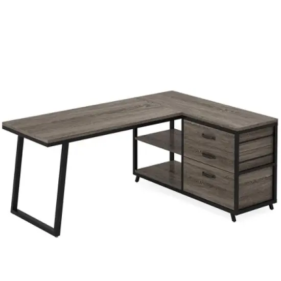 Resenkos Computer Desk, Gaming Desk,53" Reversible L-Shaped Computer Desk With 3 Drawers & Shelves,Rustic image {4}