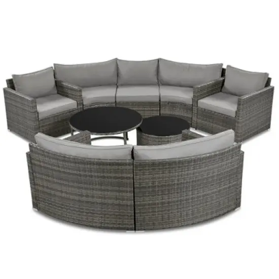 FIONECA 9-Piece Half-Moon Patio Sofa Set, Outdoor Round Wicker Sectional with Coffee Tables & Cushions, Gray image {10}
