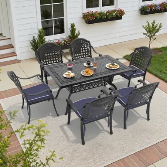 7-Piece Cast Aluminum Outdoor Dining Set: Rectangle Table, Stackable Chairs & Blue Cushions - All-Weather Patio Furniture for Your Backyard image {10}