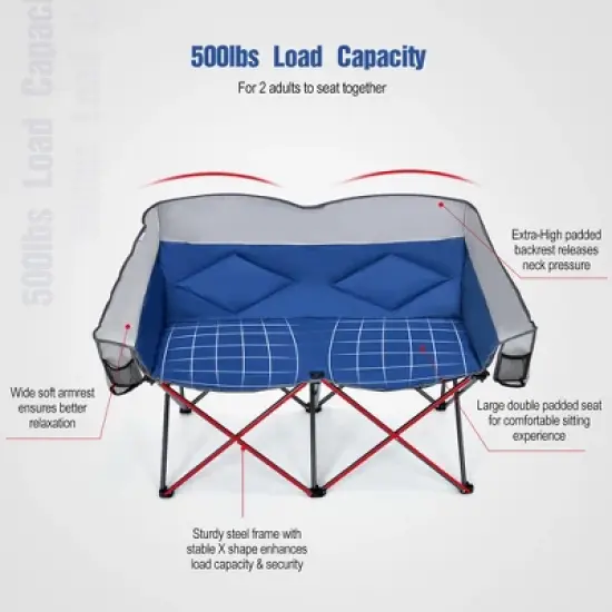 Costway Folding Camping Chair Loveseat Double Seat w/ Bags & Padded Backrest Gray\Blue image {3}