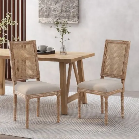 Christopher Knight Home Brownell French Country Fabric Upholstered Wood and Cane Dining Chairs (Set of 2) image {1}