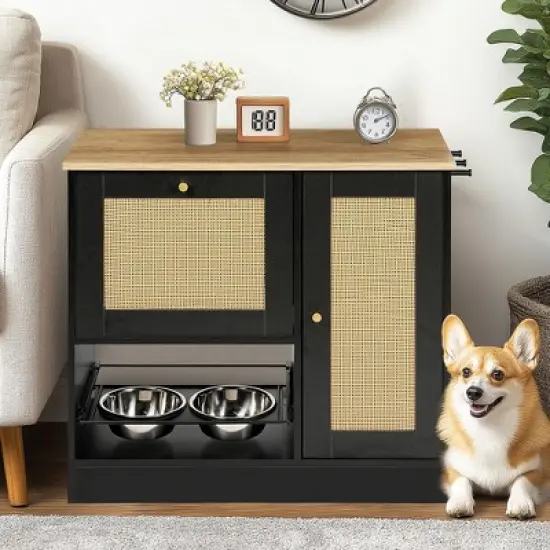 SEVOBAL Pet Bowl Hidden Bowls Feeding Station, Organizational Space for Pet Food and Accessories in Kitchen, Living Room, Black, 38.58"*19.29"*8.27" image {1}
