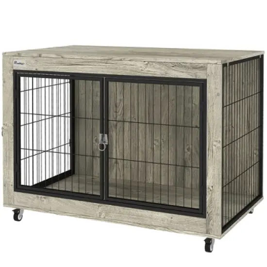 PawHut 39" Dog Crate Furniture, Dog Kennel Furniture End Side Table with Wheels, Interchangeable Side Door, for Large Dogs, Gray image {3}