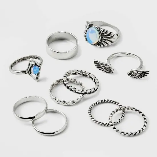 Moonstone and Frozen Chain Wings Ring Set 10pc - Wild Fable&trade; Silver image {1}