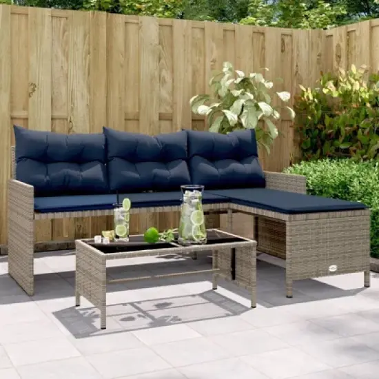 vidaXL 3-Seater L-Shaped Patio Sofa Set with Table - Gray Poly Rattan, Navy Cushions, Powder-Coated Steel Frame & Glass Top image {1}