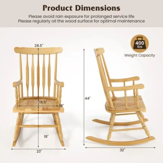 Tangkula Patio Rocking Chair Solid Wood Outdoor Porch Rocker Chair with Rubber Wood Frame Indoor Wooden Rocking Chair Natural image {3}
