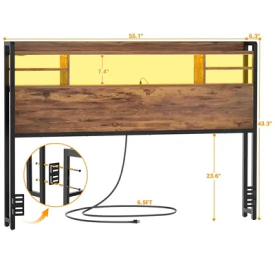 Aheaplus Headboard with Storage shelves and Charging Station, Wood Headboard with LED Light image {3}