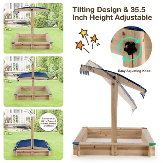 Costway Kids Wooden Sandbox with Height Adjustable & Rotatable Canopy Outdoor Playset image {3}