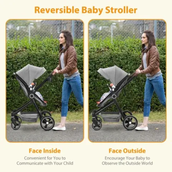 Foldable 2-In-1 Baby Stroller & Bassinet, Reversible Seat, Adjustable Backrest & Canopy, Storage Basket, Suspension Wheels, Light Grey image {4}